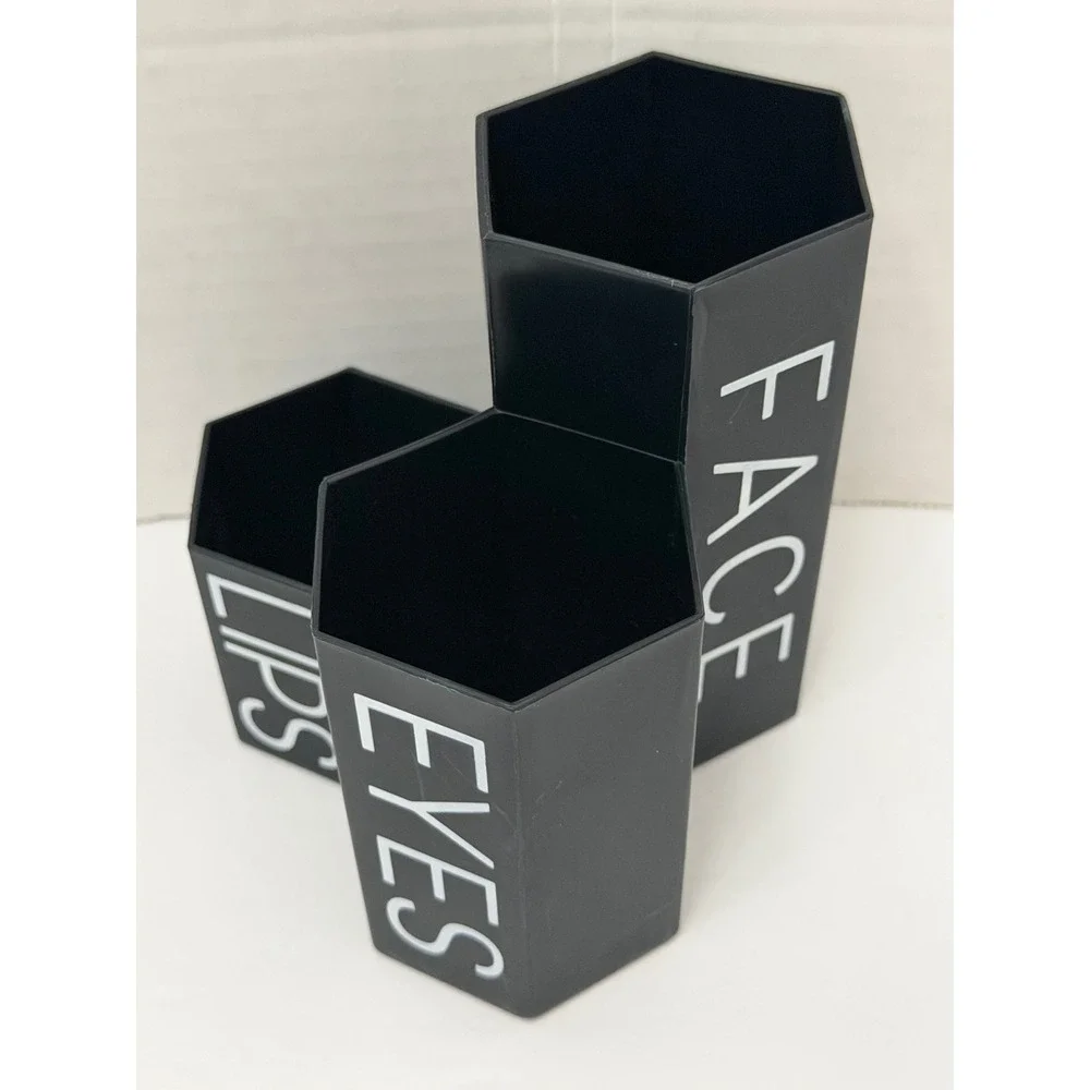 Makeup Brush Holder 3 Tier Organizer Black Hexagonal Lips Face Eyes Black